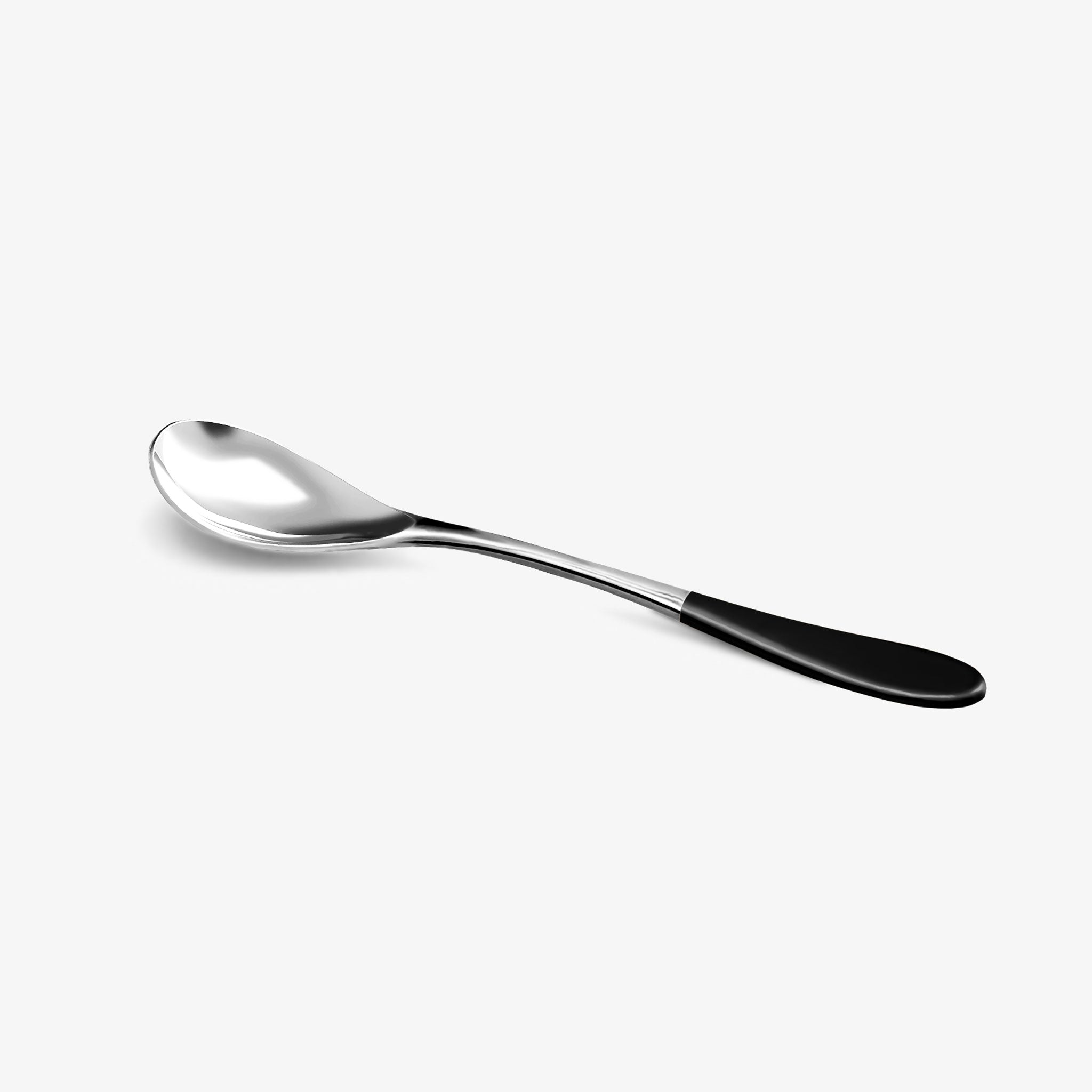 A stainless steel Rocksteady rocher spoon with a gloss black top handle against a white background.
