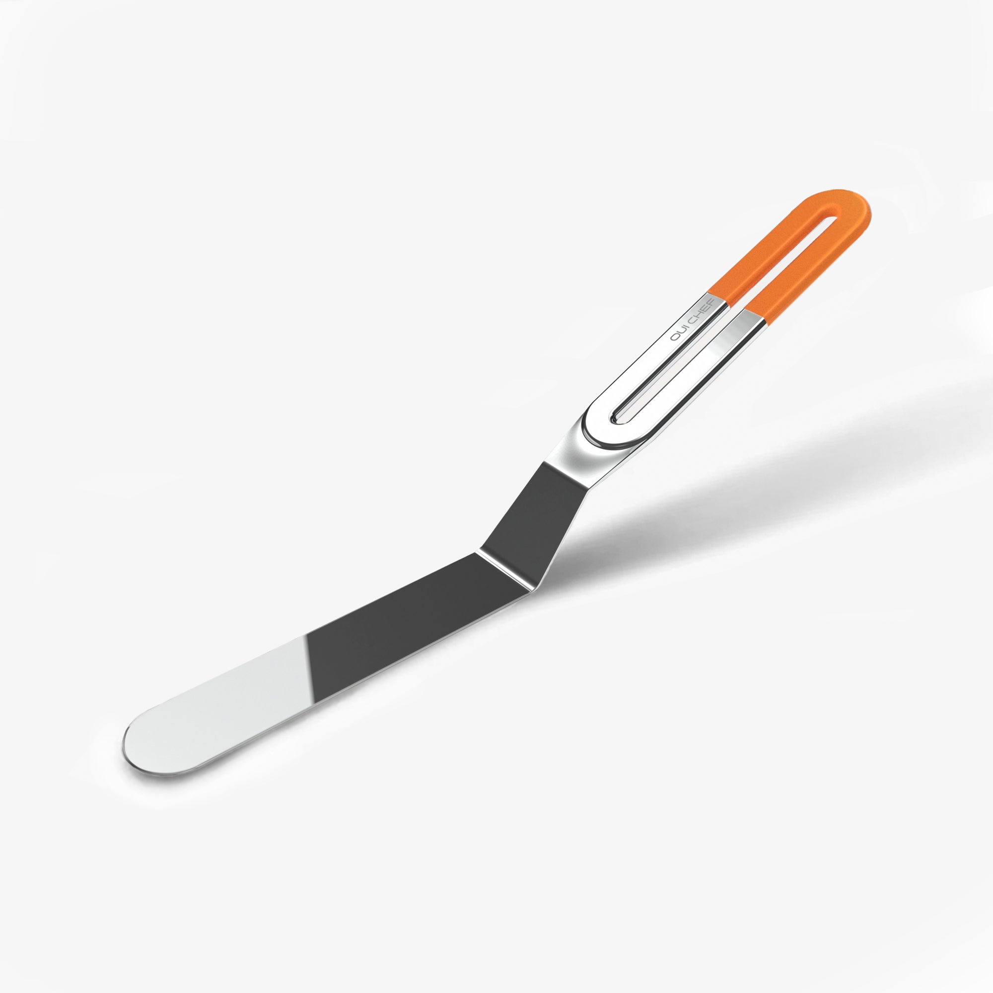 Stainless steel palette knife with an edge-to-edge sharp blade on a white background.