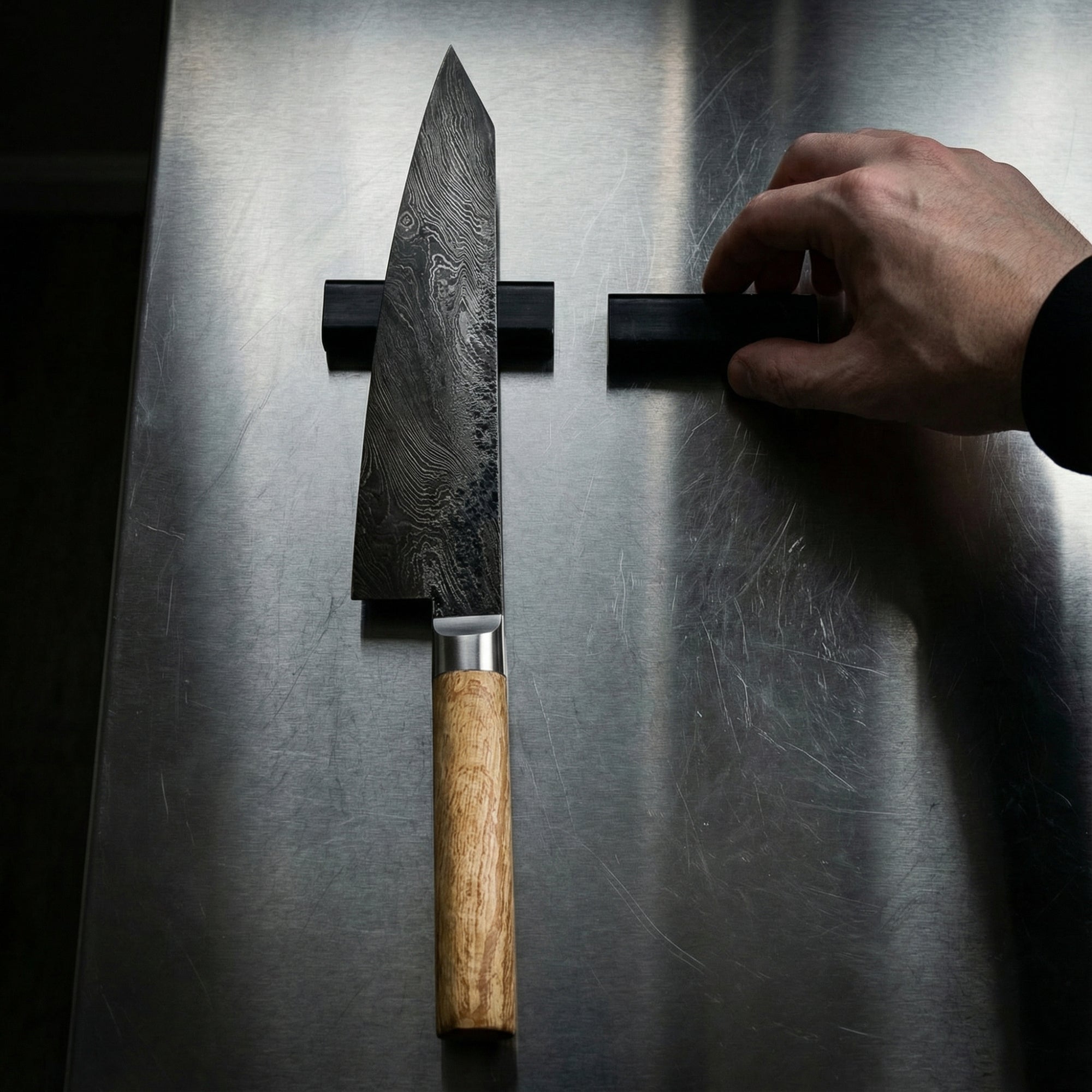 Chef connecting a Modular laylow knife rest to another that is sitting on a steel worktop with a chefs knife resting on it.