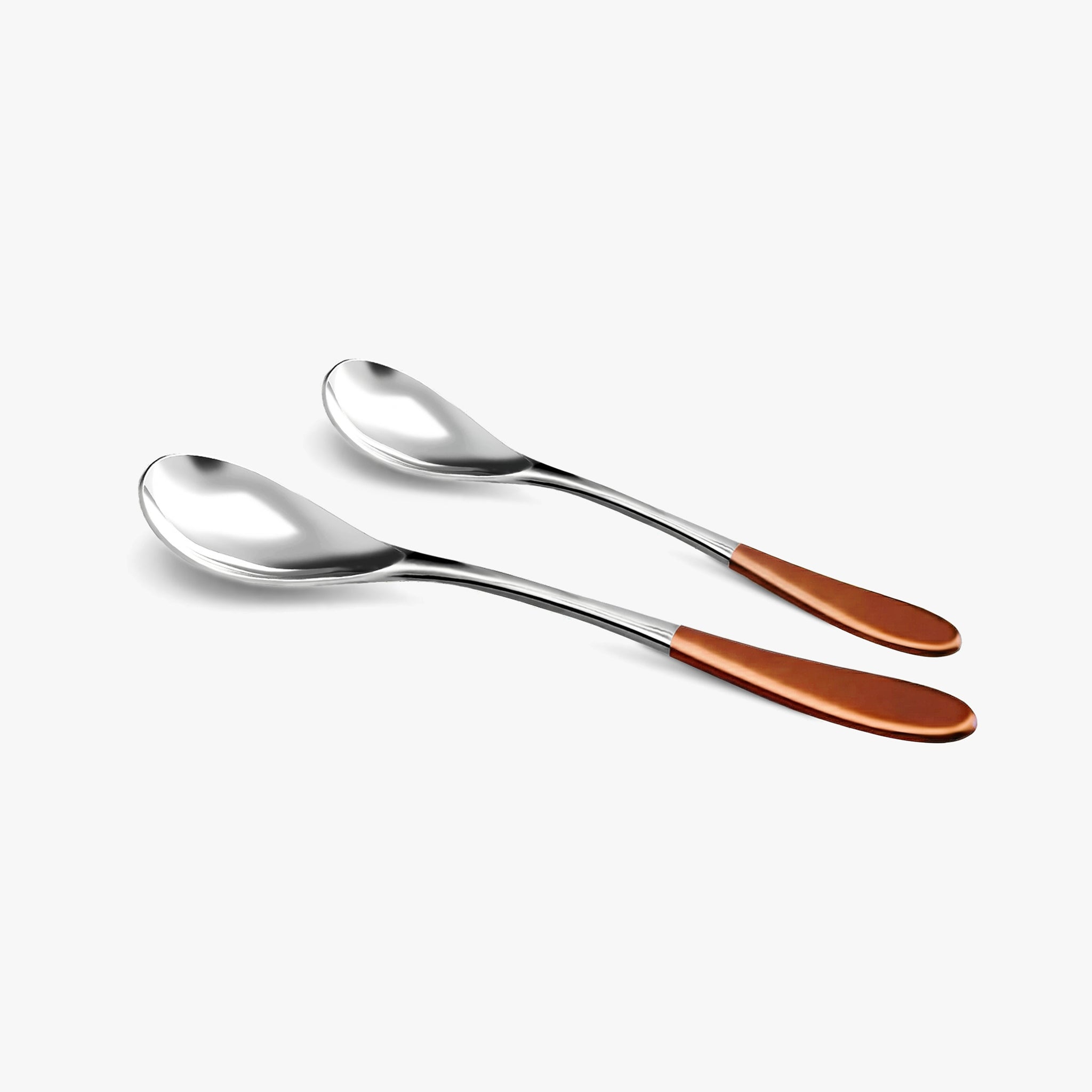A medium and a small stainless steel rocher spoon, each featuring a copper top handle, set against a clean white background.