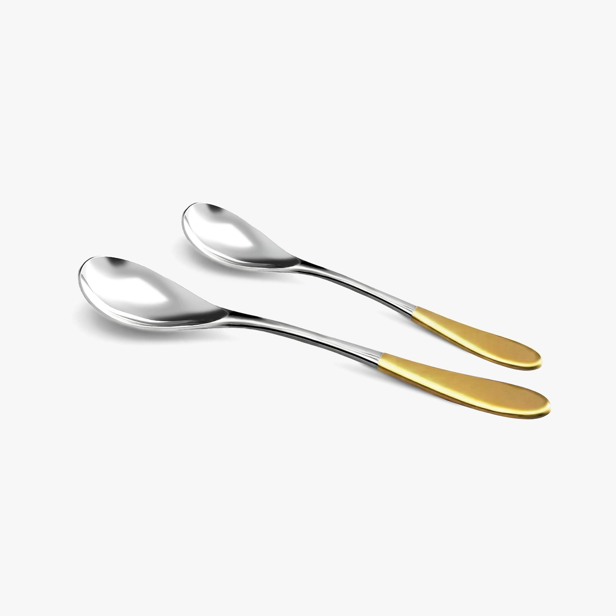A medium and a small stainless steel rocher spoon, each featuring a gold top handle, set against a clean white background.