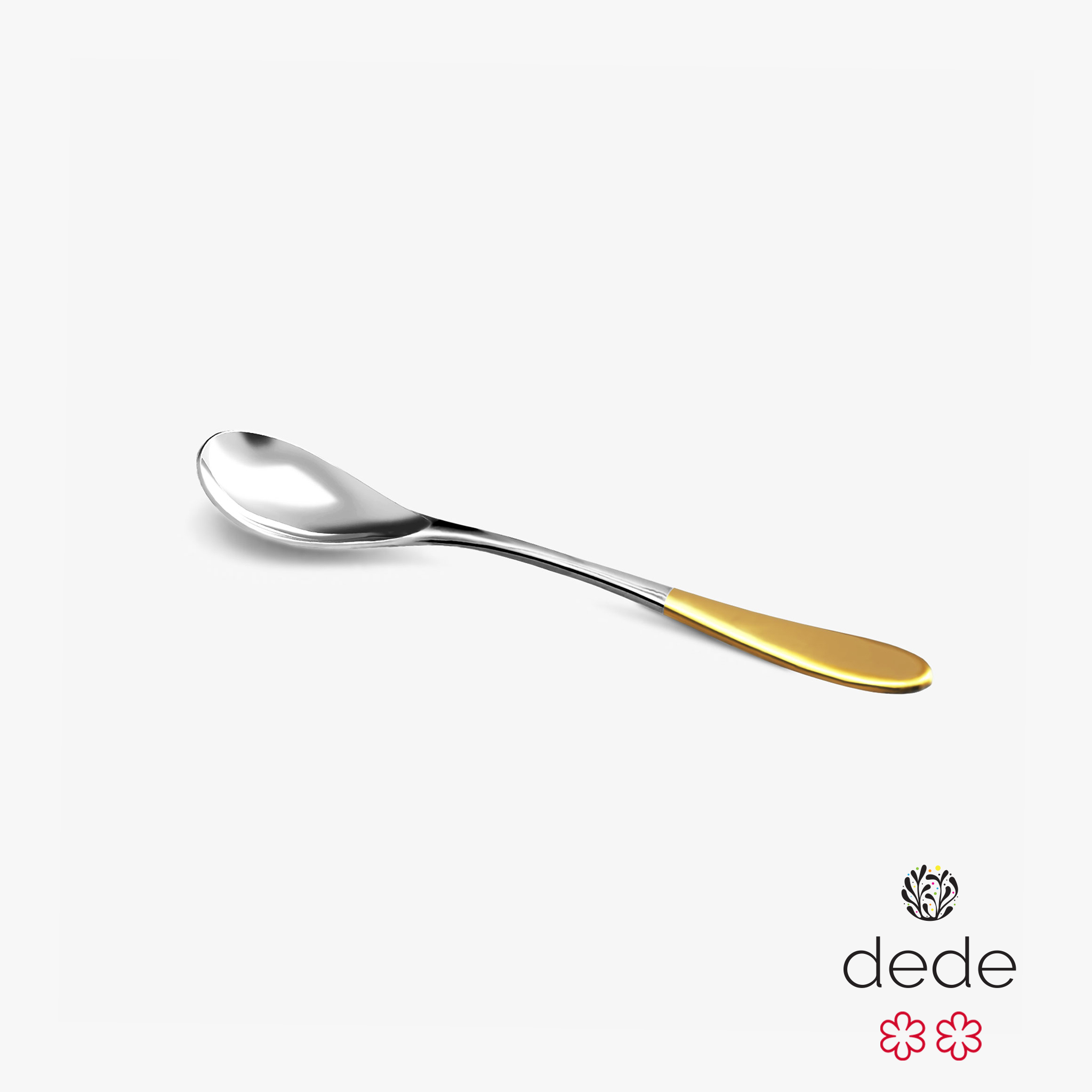 A stainless steel small rocher spoon with a gold top handle against a white background.