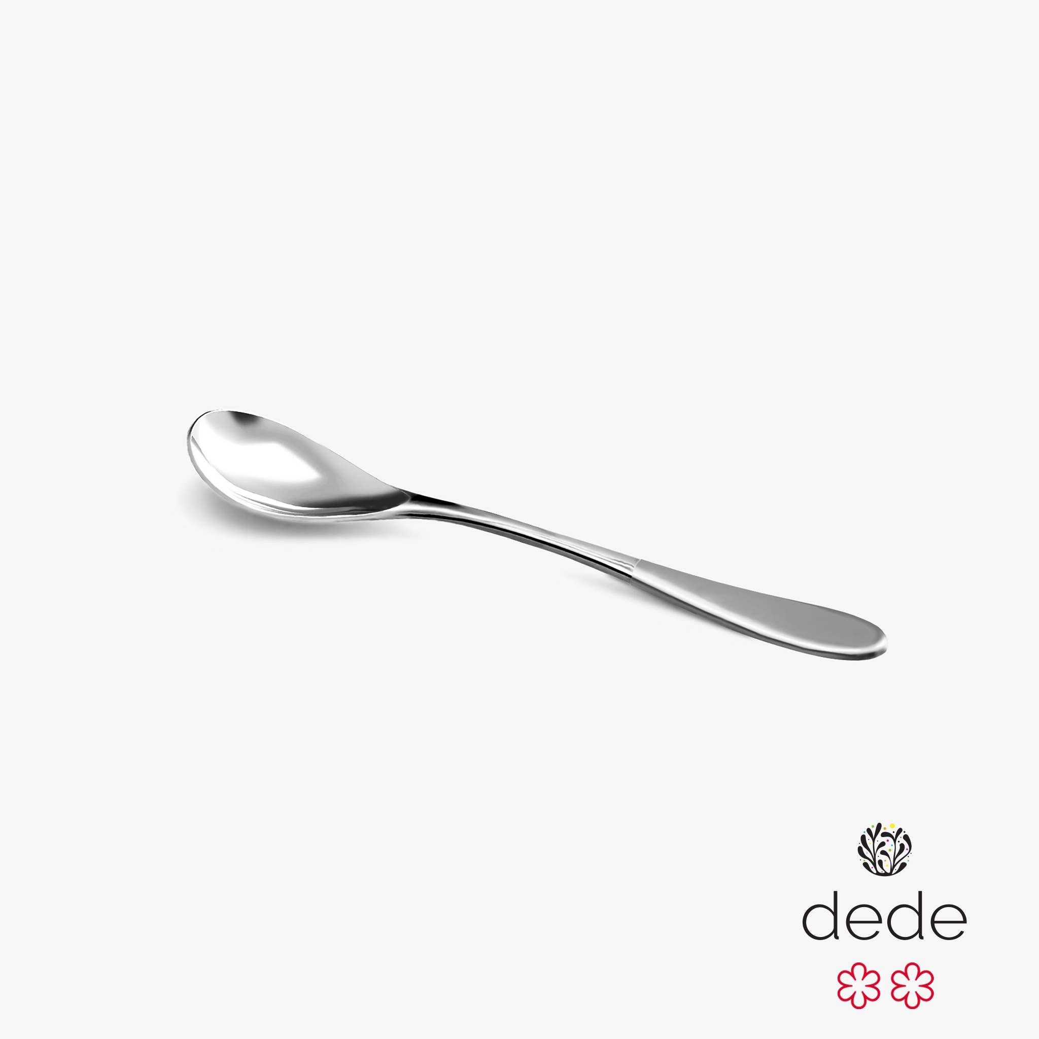 A stainless steel small rocher spoon with a chrome top handle against a white background.
