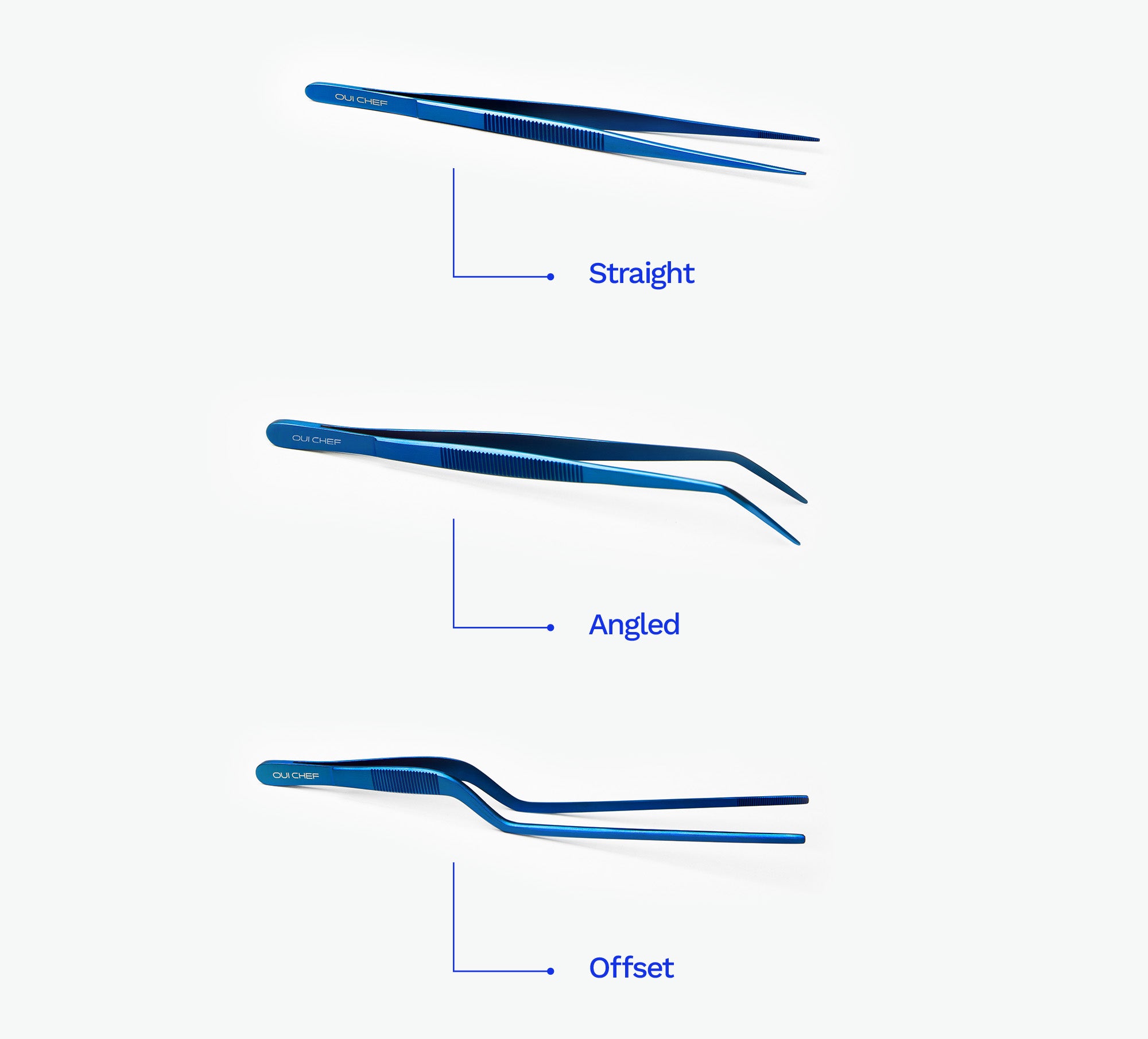 Shape guide image showing different Oui Chef tweezers in blue metallic