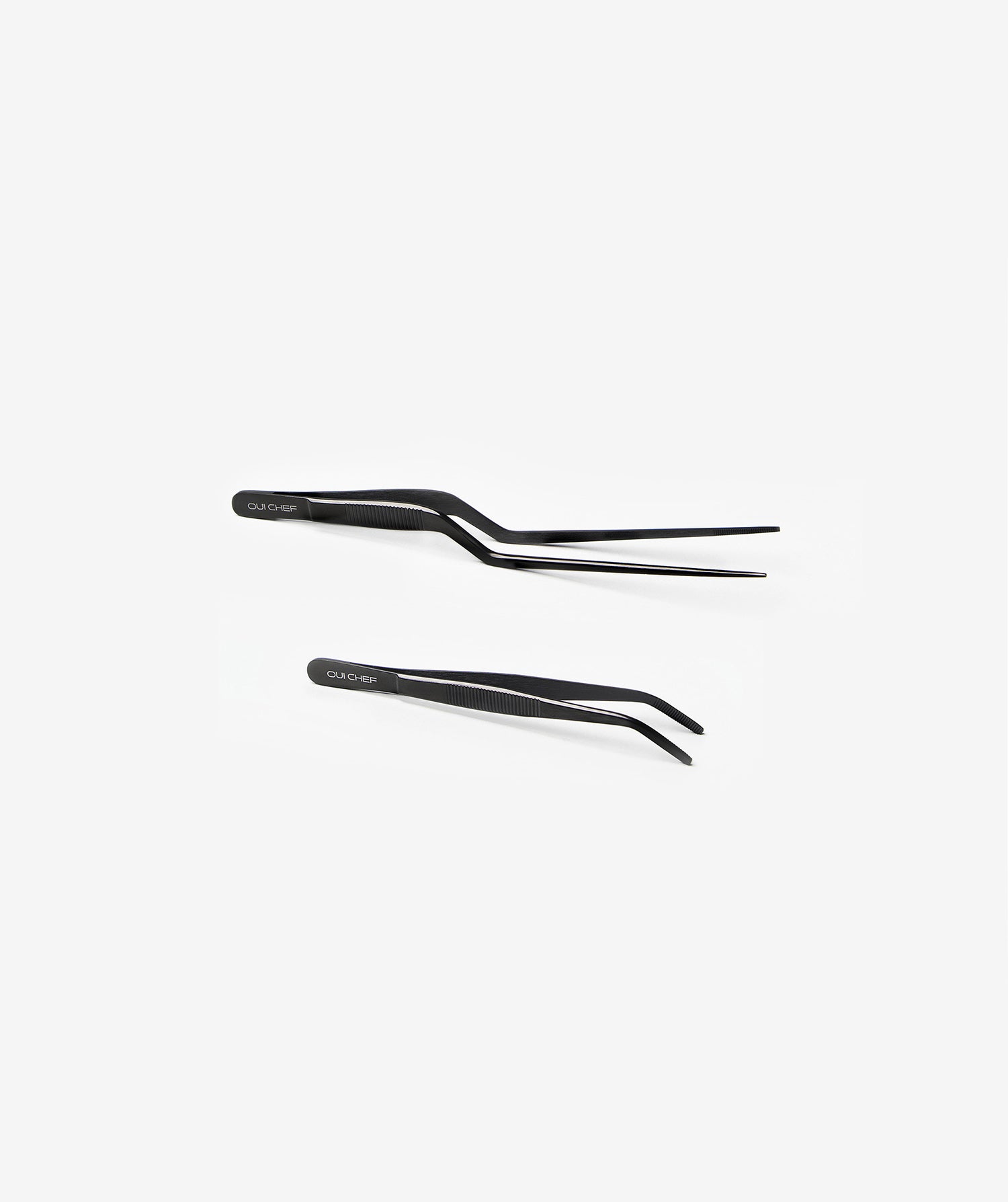 Medium offset tweezers in black next to a small angled tip black tweezers