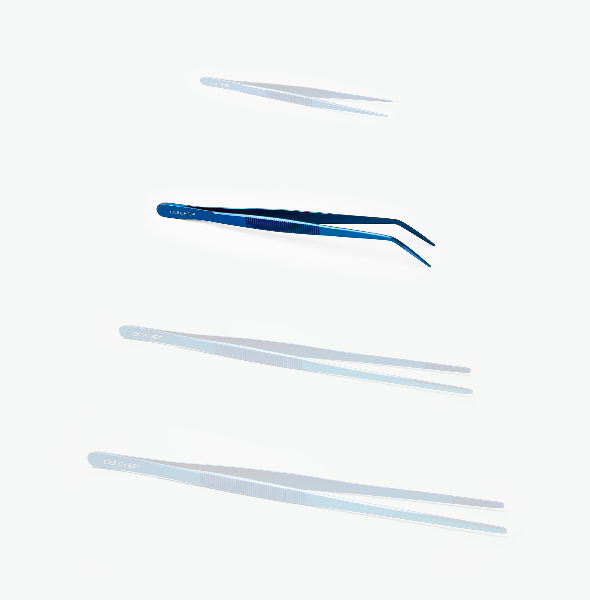 Size guide image showing different Oui Chef tweezers in blue metallic