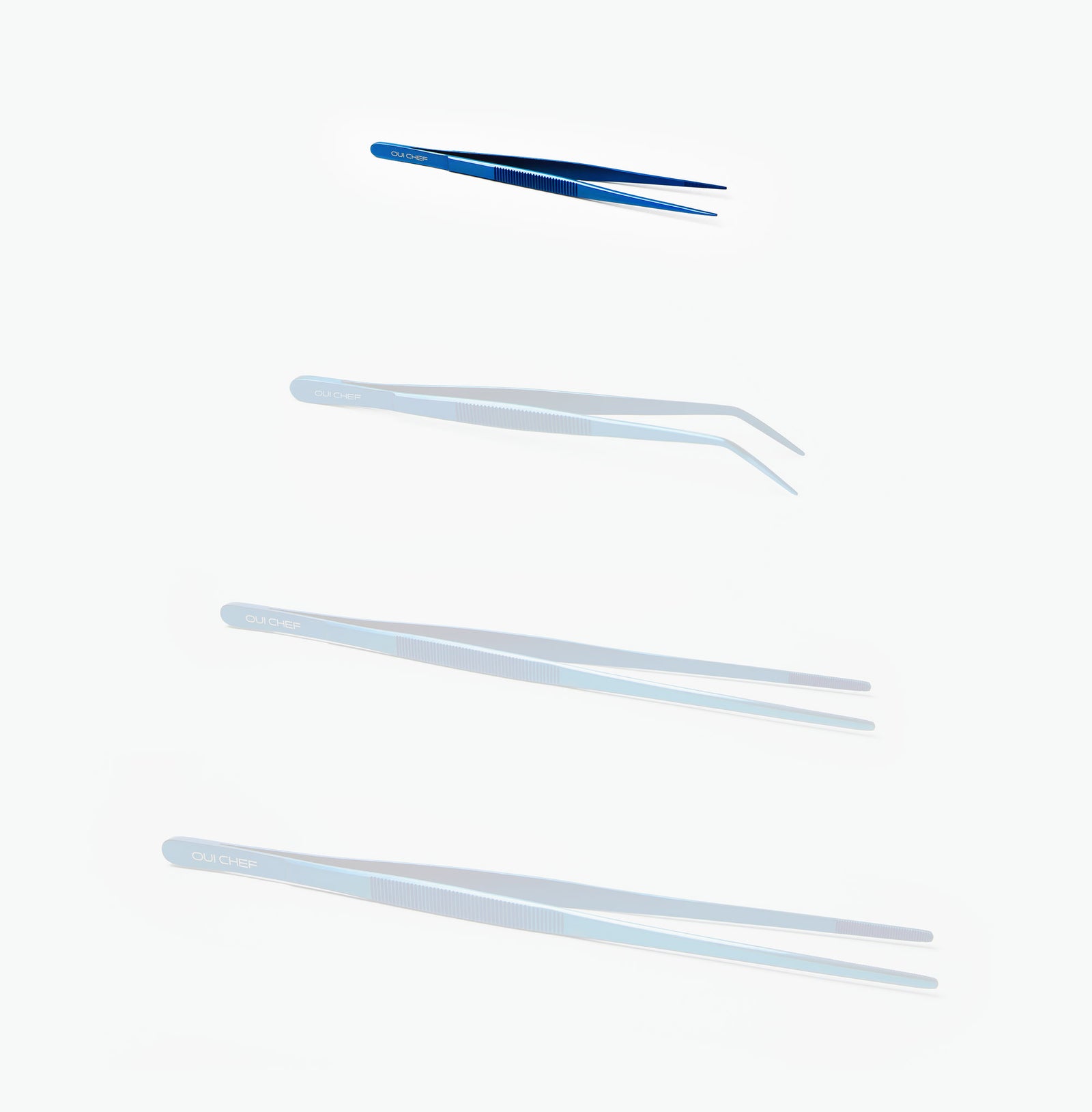 Size guide image showing different Oui Chef tweezers in blue metallic