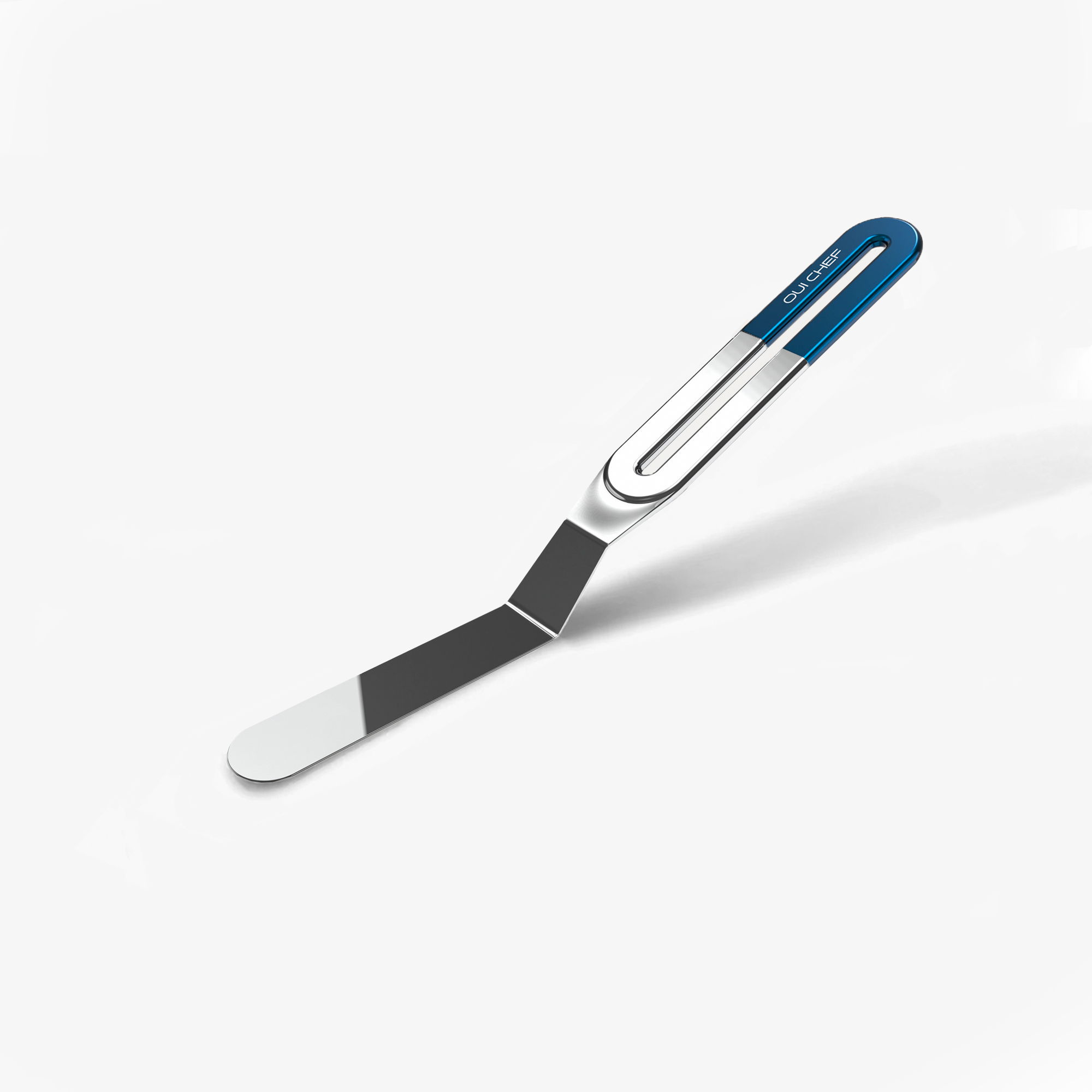 A small stainless steel palette knife with a blue top handle with the "Oui Chef" logo engraved, sitting against a white background. 