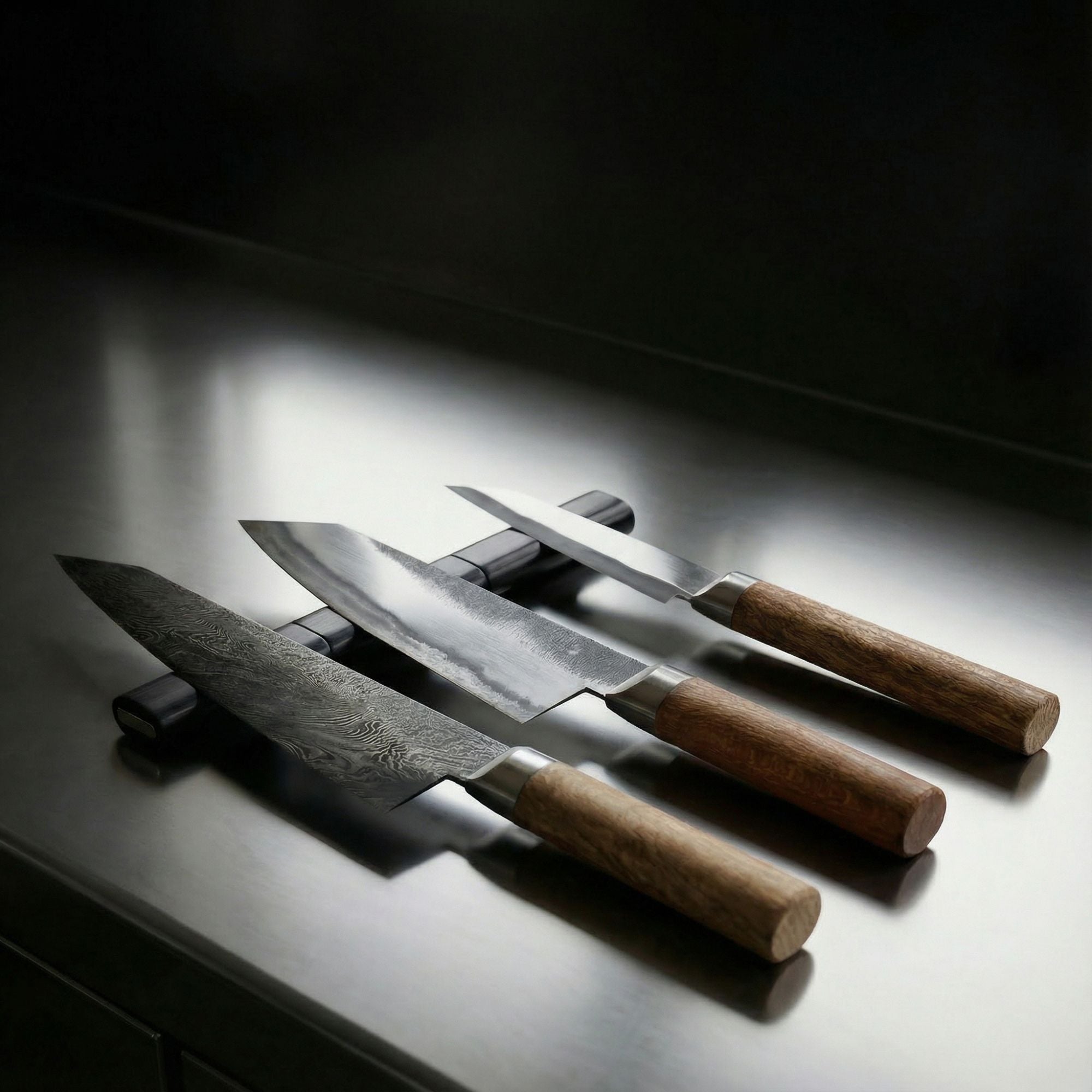 3 Modular laylow knife rests sitting on a steel kitchen worktop with 3 chef knives placed on top, side by side.